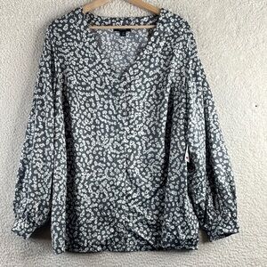 NWT Alfani Womens Gray Cheetah Animal Print Blouson Sleeve V-Neck Top PLUS 2X